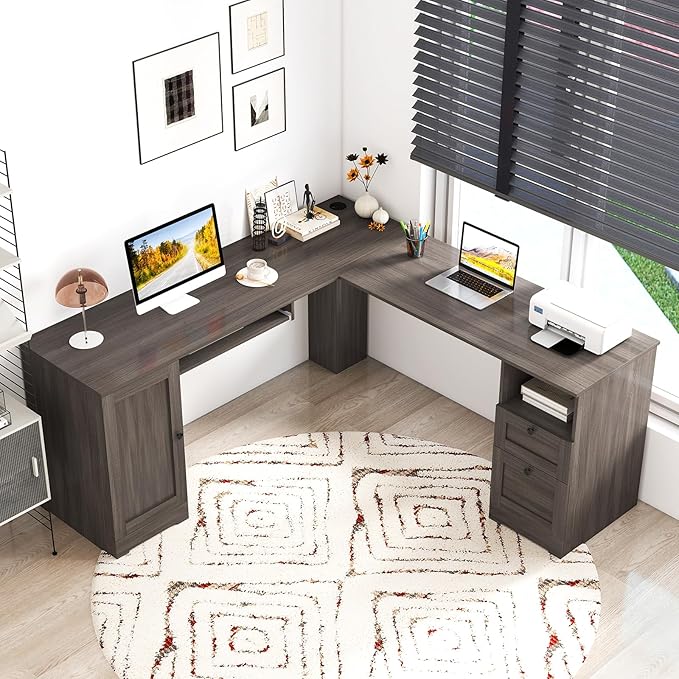 Giantex 66 L-Shaped Desk with Storage Drawers &amp Charging Station Spacious Corner Computer Desk with Keyboard Tray Adjustable Shelf Cabinet Huge Workspace Home Office Study Writing Desk (Grey