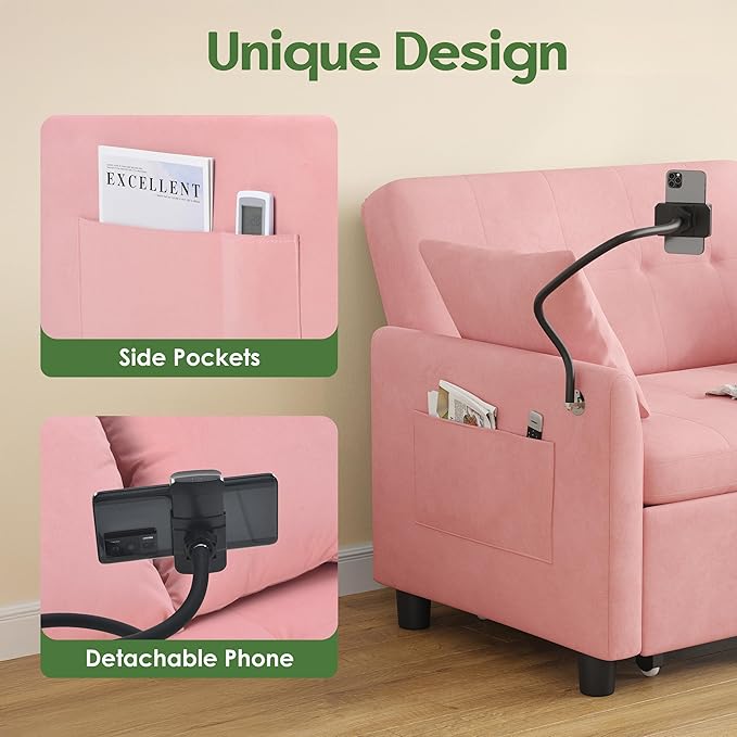 3 in 1 Convertible Pull Out Sleeper Couch Sofa Bed Small Loveseat Futon Bed 46 Velvet Love Seat with Pillow and Phone Holder for Living Room Pink