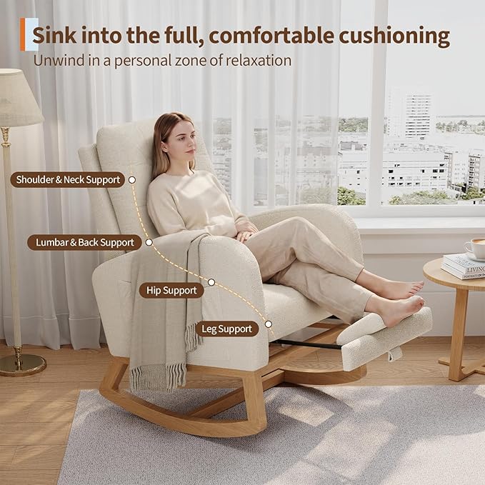 GarveeHome Nursery Rocking Chair with Adjustable Footrest Teddy Fleece Upholstery Sturdy Wooden Legs &amp High Backrest Comfortable Glider Rocking Chair for Living Room or Bedroom White