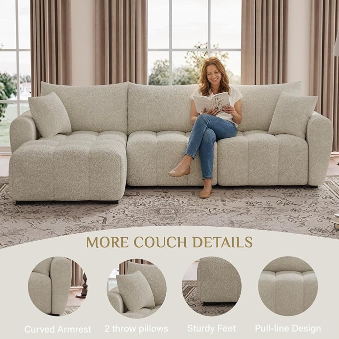 110 L Shaped Modern Boucle Sofa Modular Sectional Cloud Couch with Ottoman Tufted 4-Seat Deep Seat Sofa with Pillows for Living Room Bedroom and Apartment Beige White