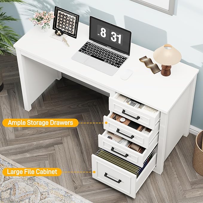 Vabches Farmhouse 49” Executive Desk with File Drawer 4 Drawers Reversible Computer Desk with Storage Rustic Home Writing Workstation for Home Office Cream White