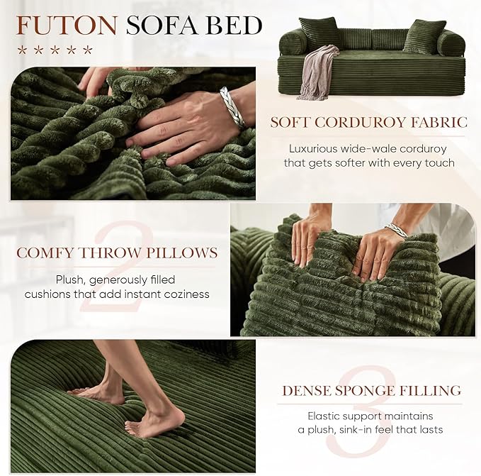 Modular Couch Bed Convertible Folding Plush Corduroy Comfy Floor Memory Foam Compression Loveseat Sleeper Sofa Couch King Size Bed for Guest Room Living Room Bedroom No Assembly Required Green