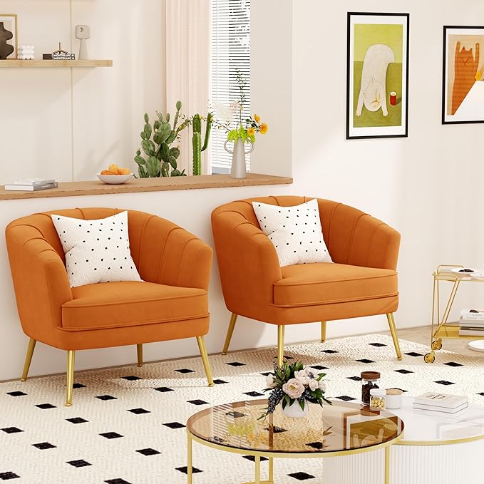 Velvet Accent Chairs for Living Room Bedroom Office Leisure Upholstered Single Sofa Chair Arm Chair Comfy Chair Reading Club Coffee Chair with Metal Legs Orange