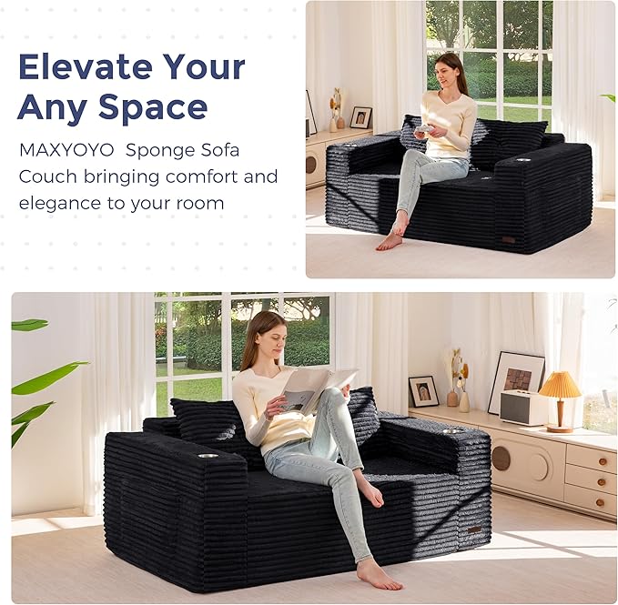 MAXYOYO 63 Boneless Loveseat Sofa Couch 2-Seater Floor Loveseat for Small Space with Cup Holders Corded Couch with Pillows Floor Sofa for Apartment &amp Lounge No Assembly Required Black
