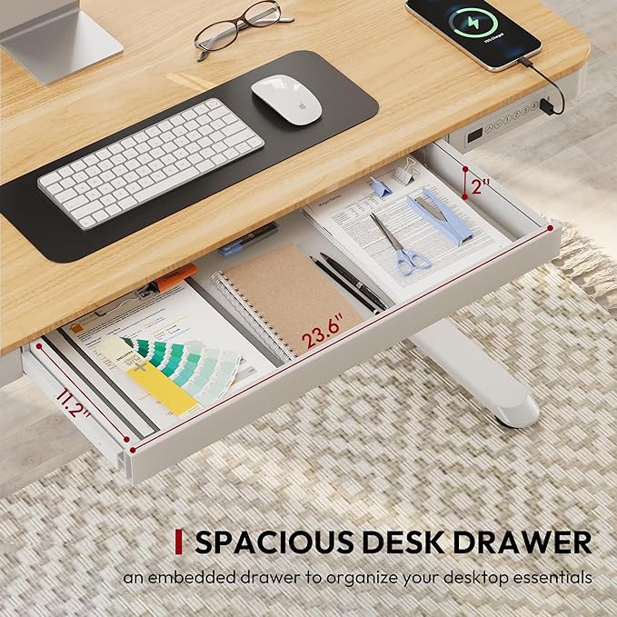 SANODESK Standing Desk with Drawer Electric Height Adjustable Home Office Desk with Storage &amp USB Ports 55 inch Maple Wood Tabletop/White Frame