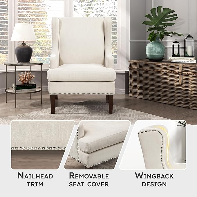 Lexicon Modern Accent Chair Textured Fabric Upholstered Arm Chair High Wingback and Nailhead Trim for Living Room/Bedroom/Office Beige