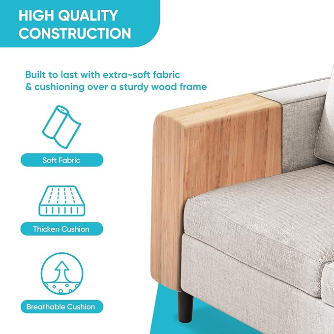 CECER 3 Piece Living Room Sectional Sofa Set with Ottoman and Side Pockets Modern Linen 5 Seater Couch Set3-Seater Sofa and Loveseat Set for Living Room/Office/Apartment-Beige