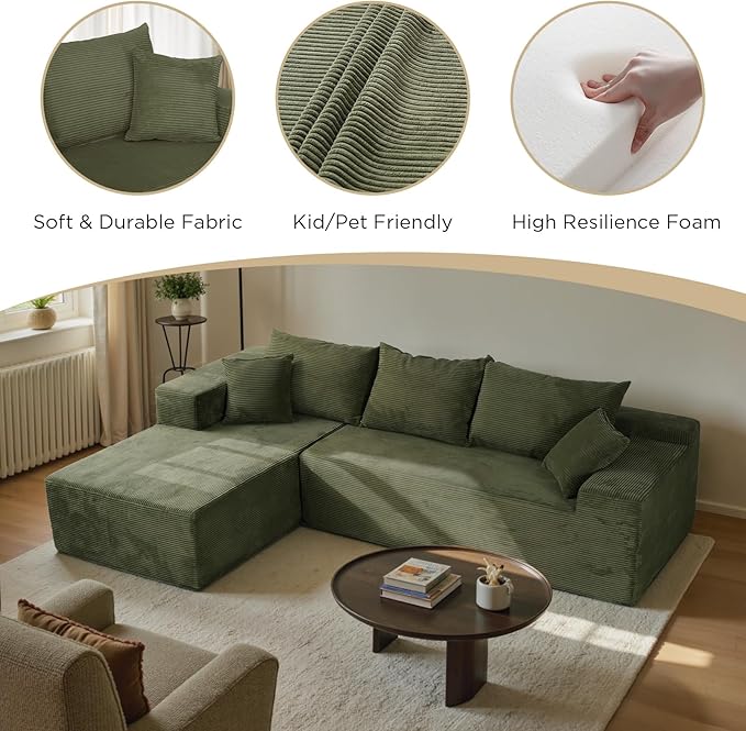Green 103“ Sectional Couches for Living Room Boneless Couch with L-Shape Chaise Modular Sofa in Box with Deep Seat No Assembly Required