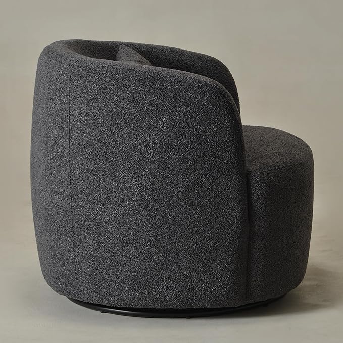 KINWELL 34 Wide Boucle Swivel Barrel Chair No Assembly Round Upholstered Armchair Accent Chair Single Sofa Chair with Toss Pillow for Living Room and Bedroom Dark Grey