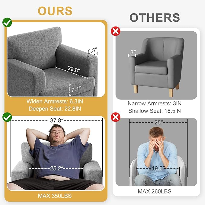Oversized Accent Chair Upholstered Living Room Chairs Single Sofa Chair w/Metal Legs Comfy Linen Fabric Reading Lounge Armchair for Apartment Bedroom Office Dark Grey 1PC