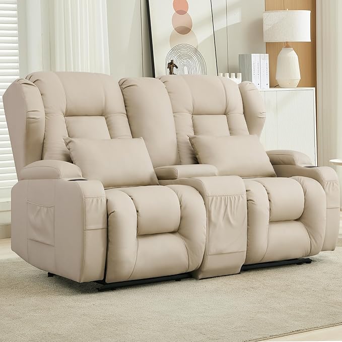 DRMBOOK RV Loveseat Recliner Sofa Double Wall Hugger Reclining Couches Manual Reclinable Movie Seating 2 Person Recliner for Travel Trailer (Leathaire Beige 2 Seater with Standard Console)