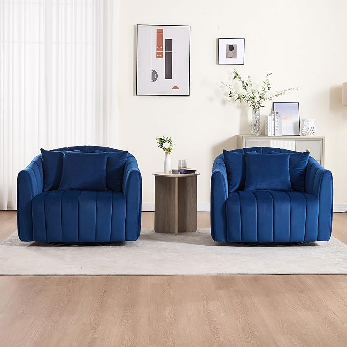 Mlmh &amp Kngwa 40.35 W Swivel Accent Chairs Set of 2 Oversized 360 Degree Swivel Barrel Chair with 3 Pillows Velvet Armchair for Living Room Bedroom Navy