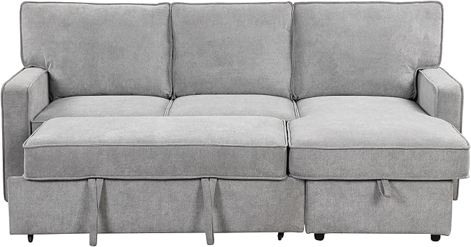 L-Shaped Convertible Sectional Sofa with Storage Space Upholstery Sleeper Sectional Sofa with USB Port and 2 Cup Holders on Back Cushions 3-Seat Sofa Furniture for Living Room Office (Grey-89'W)