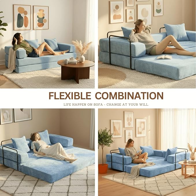 Alpen 77 Convertible Sleeper Sofa Bed with Pillow - Chenille Fabric &amp High-Density Sponge &amp Fixed-Shape Frame Modular Sofa for Living Room/Lounge/Studio Blue