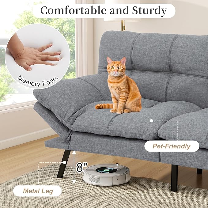 Opoiar Futon Sofa Bed Convertible Memory Foam Foldable Couch Modern Sleeper Loveseat with Adjustable Armrests&ampBackrests for Small Spaces Office Studio Apartment Dorm Game Room