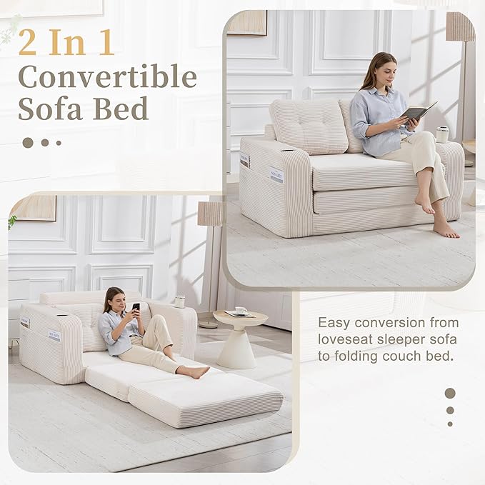 54 Convertible Sofa Bed 2-in-1 Boneless Folding Couch Bed with Cup Holder &amp Pocket Corduroy Fold Out Floor Couch with Pillows for Living Room Bedroom Small Spaces (Beige)