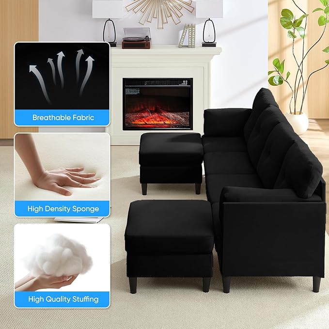PUREMIND Sectional Couches for Living Room Modern Snow Velvet U-Shaped Sofa Couch with Double Chaise Upholstered 4 Seater Home Sofa for Living Room Apartment Office Black