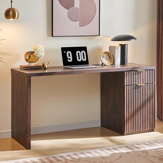 JXQTLINGMU 60 Modern Executive Desk with Storage Wood Home Office Desk with Drawer &amp Cabinet Fluted Computer Writing Desk for Study Living Room Bedroom Dark Walnut