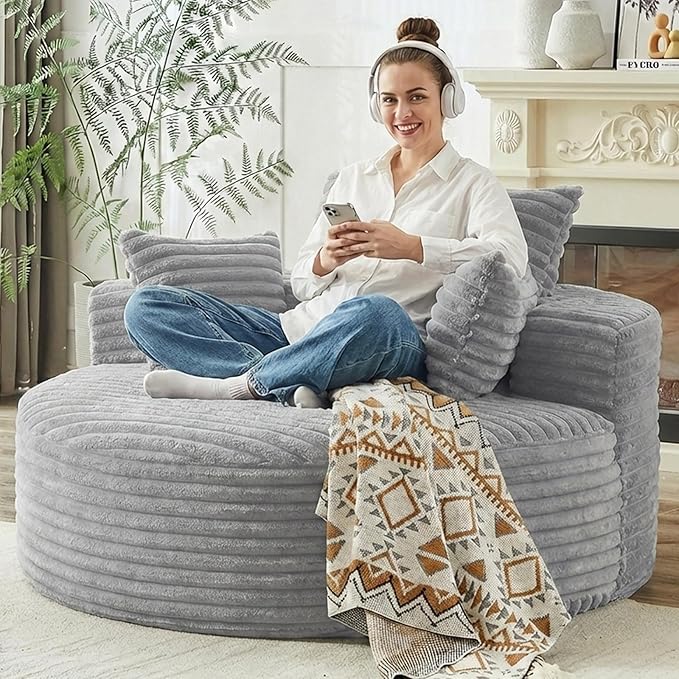 55 L Corduroy Sponge Single Sofa Oversized Round Chair Fluffy Modern Sleeper Chairs for Living Room Lounge and Projection Room Wide Armrest Lounge Chairs Armchair with Pillow Light Grey