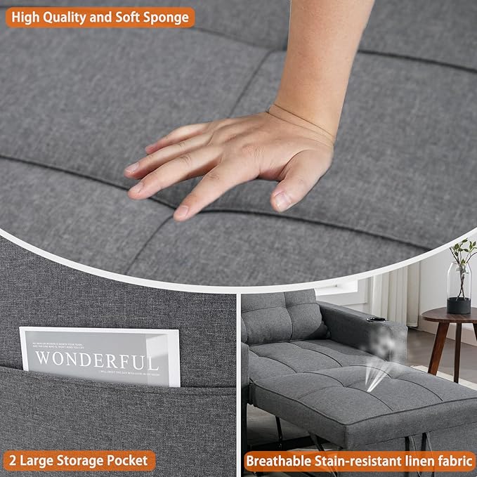 Modern Convertible Sleeper Sofa Bed 3-in-1 Adjustable Futon Couch with Storage &amp Removable Armrests for Apartment Studio Office Small Spaces (Grey)