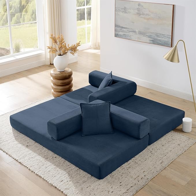 4-in-1 Folding Convertible Floor Sofa Bed 78 Oversized Compression Sofa No Assembly Required King Futon Lazy Couch Corduroy Loveseat Sleeper with Pull Out Bed Modular Futon Couch (Blue)