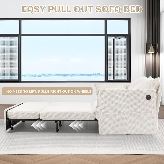 SUNWAVE 60 Pull Out Sofa Bed - Convertible Sleeper Sofa Bed Corduroy Pull Out Couch Bed with USB Charging Side Pockets for Living Room Bedroom Small Spaces (Cream 60)