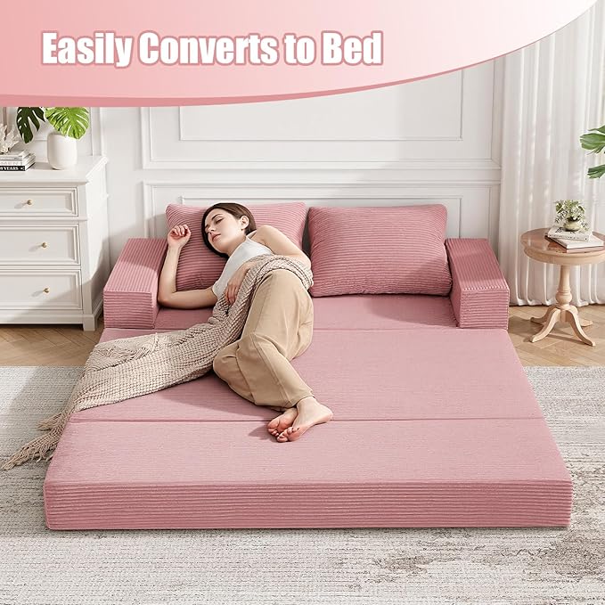 COMAX Convertible Sofa Bed Queen Corduroy Folding Floor Couch Pull Out Couch Bed Futon Sleeper with Pillows Fold Out Boneless Sofa Comfy Lounge Mattress Loveseat for Living Room Bedroom Pink