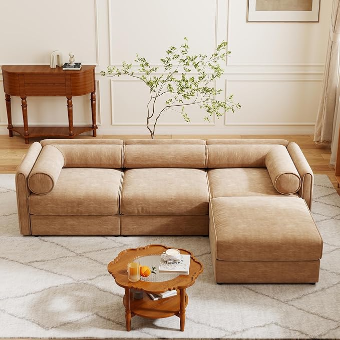 109 inch Cloud Modular 3 Seater Sofa with Storage Ottoman Modern Upholstered Storage Sofa Couch Deep Seat L Shape Sectional Sofa Chenille Comfy Couch for Living Room Apartment Camel