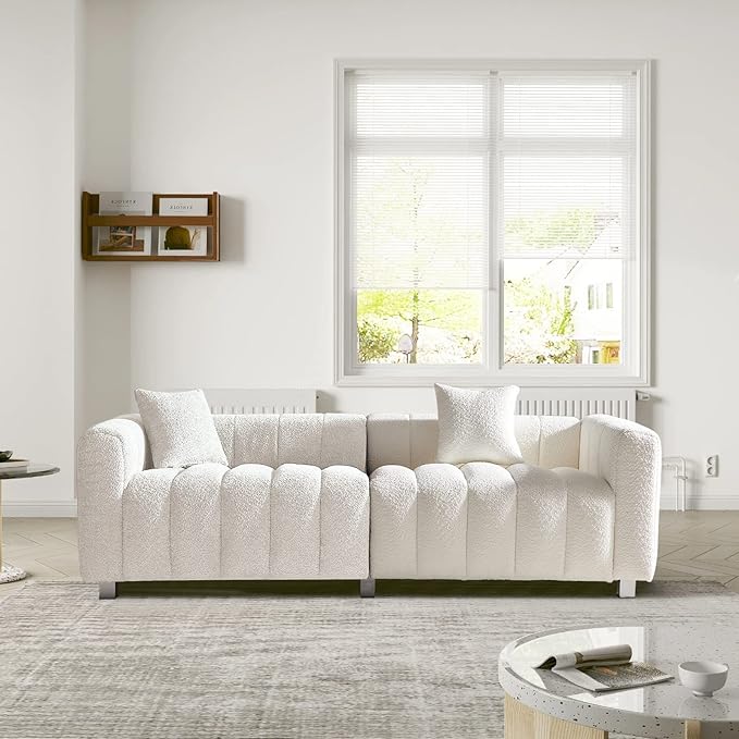 87.4'' Modern 3-Seater Sofa Bubble Couch for Living Room Premium Teddy Velvet Deep Seat Sofa Couch Fluffy Loveseat Sofa with 6 Metal Base Legs for Bedroom/Home/Office (White)