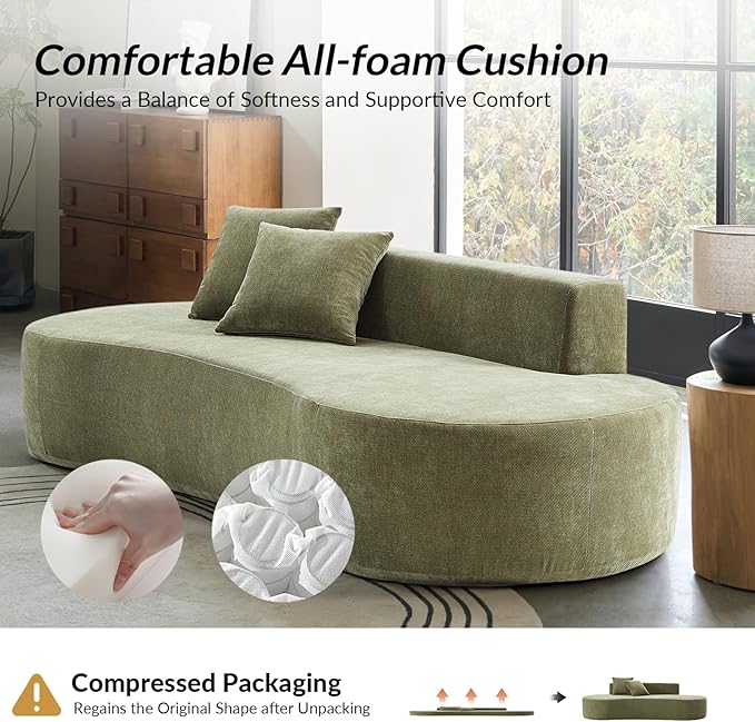 94.5 Boneless Sofa with 2 Pillows 3 Seater Compressed Foam Sofa with Half Moon Design &amp Deep Seat No Assembly Required Modern Cloud Couch for Living Room Olive
