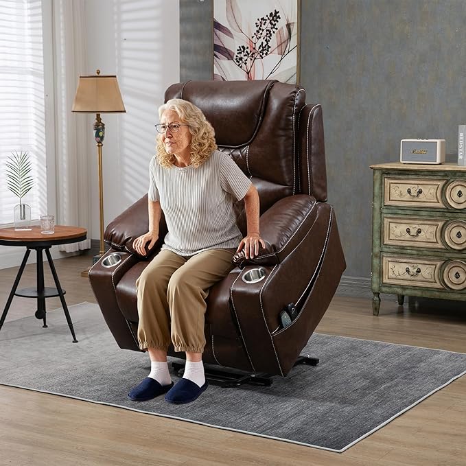 Oversized Power Lift Recliner Chair 400 LBS for Big and Tall Elderly 26 Extra Wide Zero Gravity Electric Recliner Chair with Massage and Heating Leather Home Theater Seat Brown