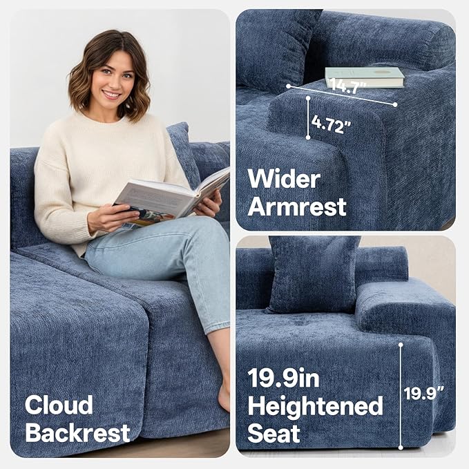 118 Cloud Sectional Couch for Living Room L-Shaped Modern Modular Sectional Sofa Boneless 4-Seater Lounge Couch with Deep Seat and Movable Ottoman No Assembly Blue