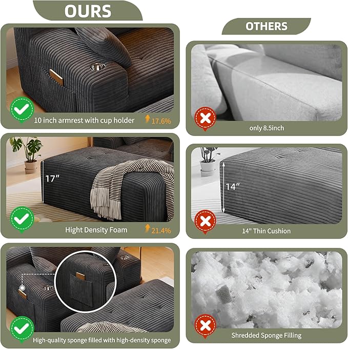 MoonSpeak 67 Boneless Reading Chair with Lounges Chaise Indoor Corduroy Cloud Couch with 1 Ottoman Upholstered Sleeper Sofa Bed with Wide Armrest and 3 Pillows for Living RoomReading Room (Gray)