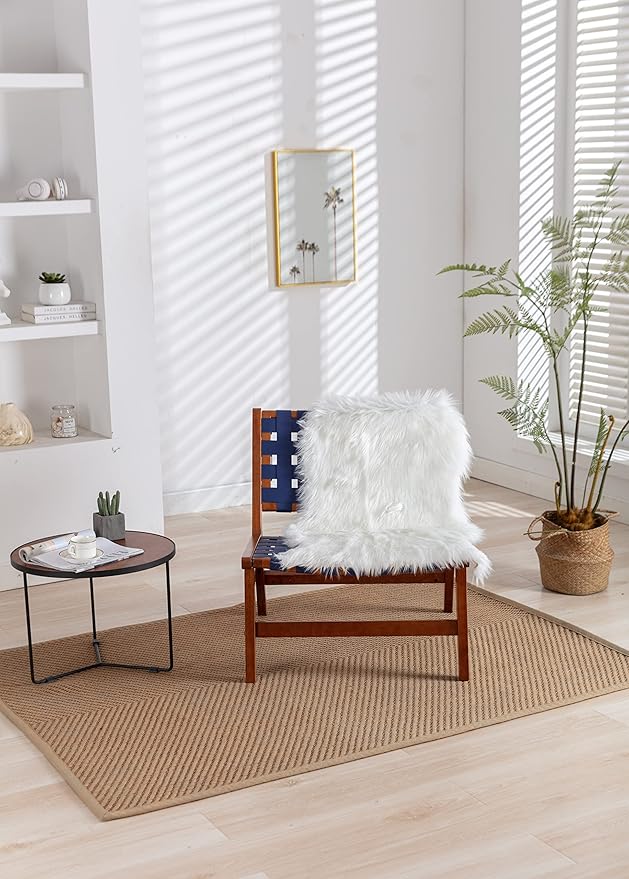 Solid Wood Frame Chair with White Faux Wool. Modern Accent Chair Lounge Chair for Living Room