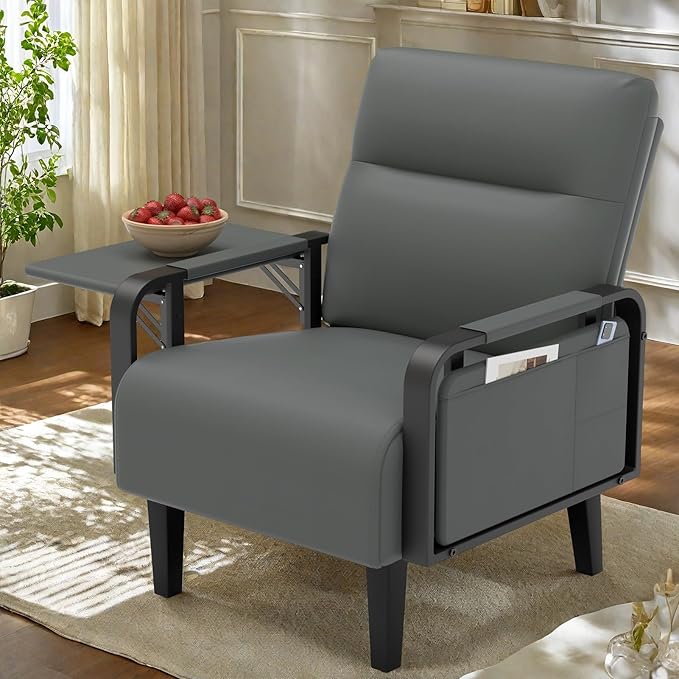 Upholstered Faux Leather Accent Chair Set of 2 Armchair with Tray Table Comfy Reading Chair for Living Room Bedroom Guest Room Gray