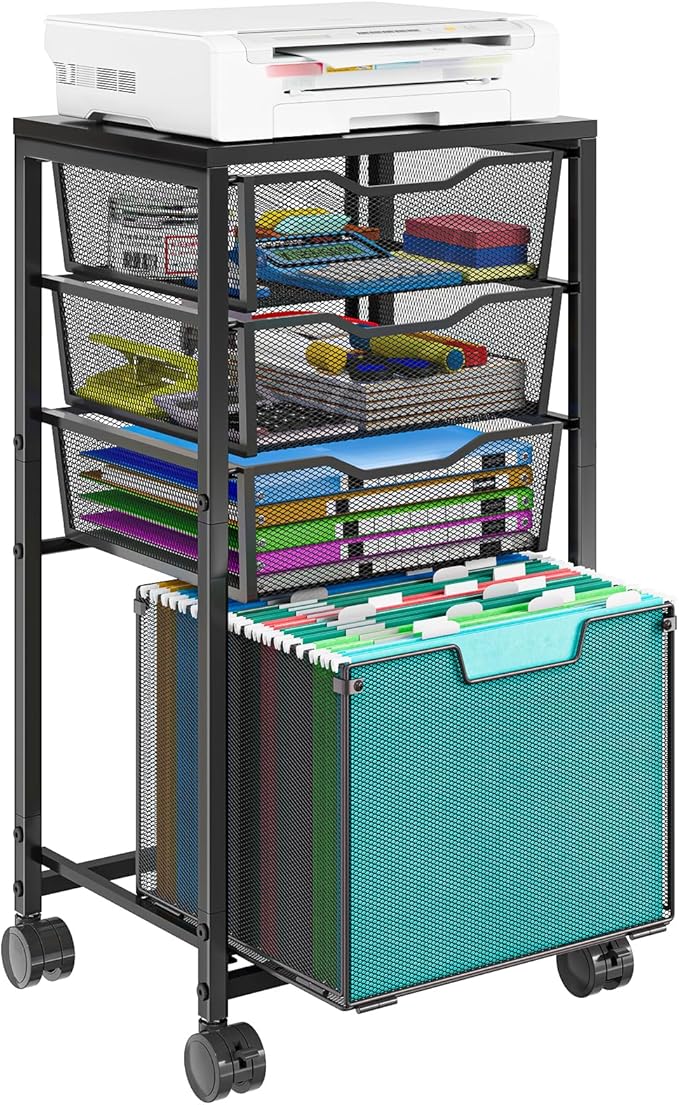 4 Drawers Rolling File Cart Under Desk Mobile Filing Cabinet with Wheels File Cabinets for Home Office Hanging File Folder Organizer Utility Craft Cart Printer Stand Black