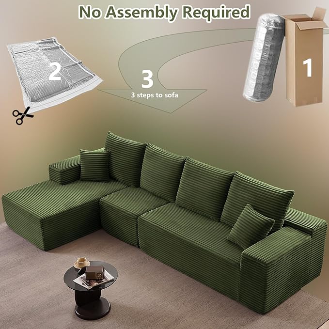 135 Cloud Sectional Couch with L-Shape Chaise Modern Modular Comfy Sofa with Deep Seat Upholstered Corduroy Couches Sleeper Chaise Longue for Living Room Bedroom No Assembly Required Green