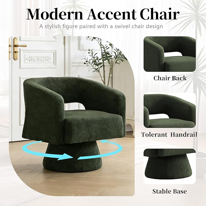 Accent Barrel Chair Set of 2 Modern Teddy Bear Velvet Club Chair 360° Swivel Degree Dressing Chair Suitable for Living Room Reading Room Bedrooms Office Green