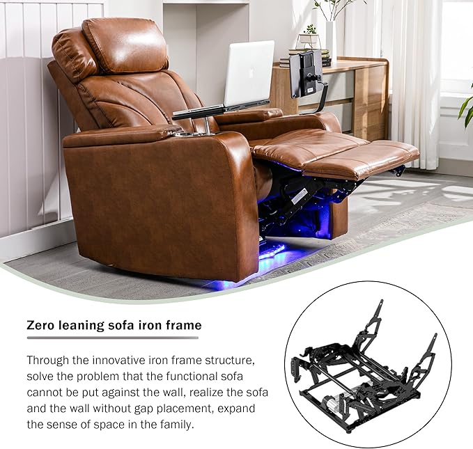 Power Motion Recliner Electric Power Recliner with Hidden Arm Storage Cup Holder Phone Holder Tray Table Faux Leather Rocker Chair for Small Spaces (Light Brown/78)
