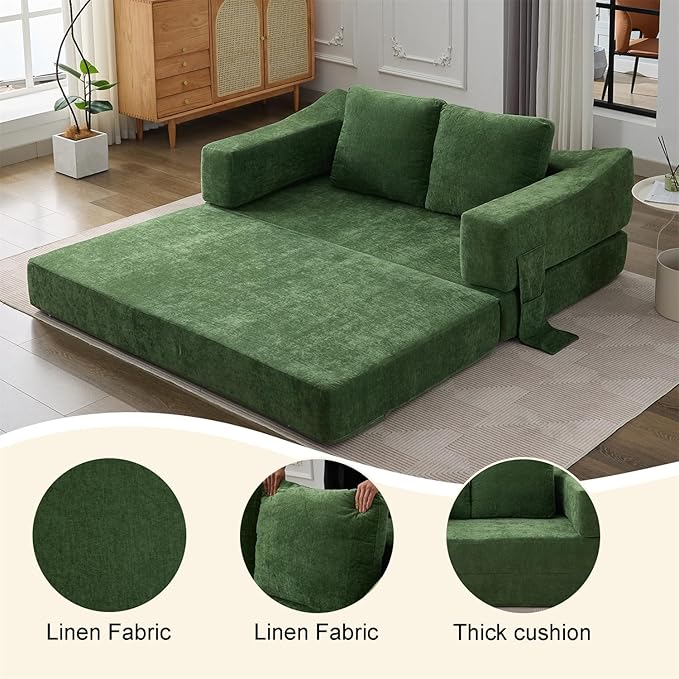 LUMISOL 70 Folding Pull Out Sofa Bed Convertible Futon Sofa Bed with Removable Armrests &amp Side Pockets Portable Foldable Floor Sleeper Sofa Couch with 2 Pillows for Living Room Green