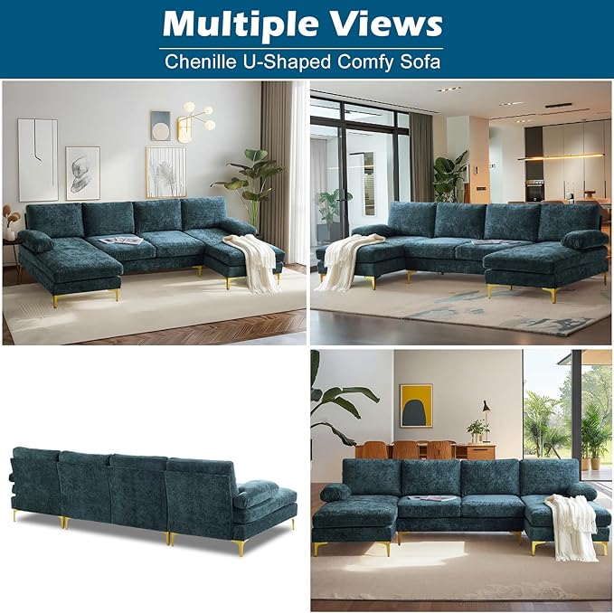 VINGLI 110 Large U-shape Sectional Sofa Couch with 51D Double Chaise for Living Room Modern Sectional Couch Set with Soft 5.9 Thickness Seating Padding Chenille Fabric Metal Gold Legs(Rich Cyan)