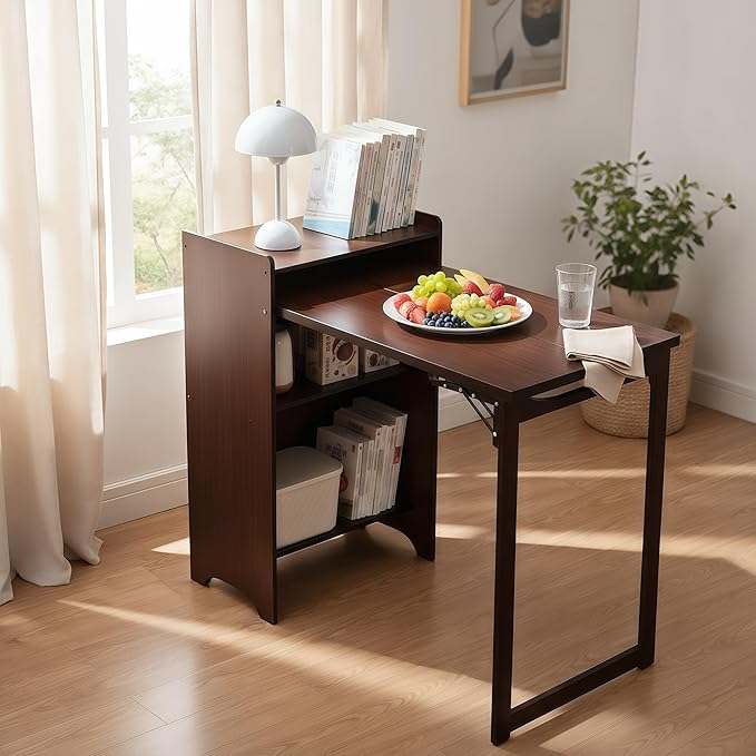 Wall Mounted Office Desk Fold Out Convertible Computer Desks with Storage Shelves Multi-Function Folding Wall Desk Writing Table for for Small Spaces Home Office (Walnut)