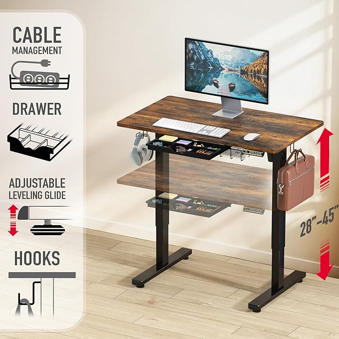 SHW 40-Inch Electric Height Adjustable Standing Desk with Drawer Memory Preset and Cable Management Tray Rustic Brown