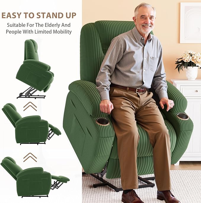 Flamaker Power Lift Chair Massage Recliner Chairs for Elderly Corduroy Ergonomic Design with Cup Holders &amp Side Pockets Remote Control (Green)