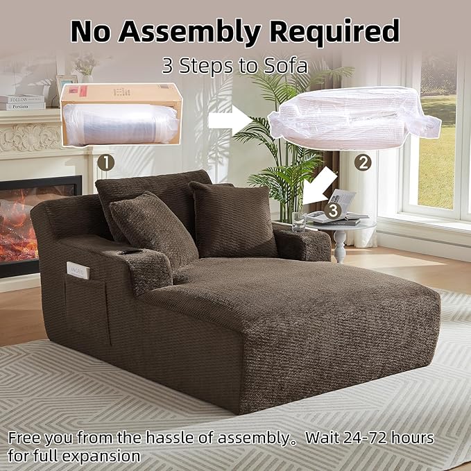 Oversized Chaise Lounge Chair - Upholstered Couch Cloud Boneless ChairDeep Seat Sleeper Sofa with Cup Holders and Side PocketsComfy Reading Chair for Living Room (Dark Brown)