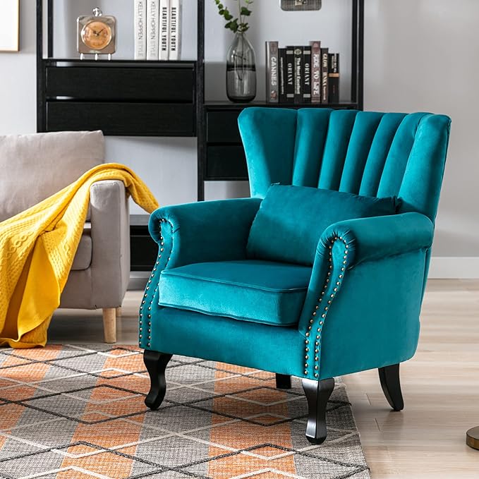 chairus Mid-Century Modern Accent Chairs Set of 2 Comfy Sofa Chairs Channel Back Armchairs with Small Pillow for Living Roon Bedroom Club - Velvet Teal