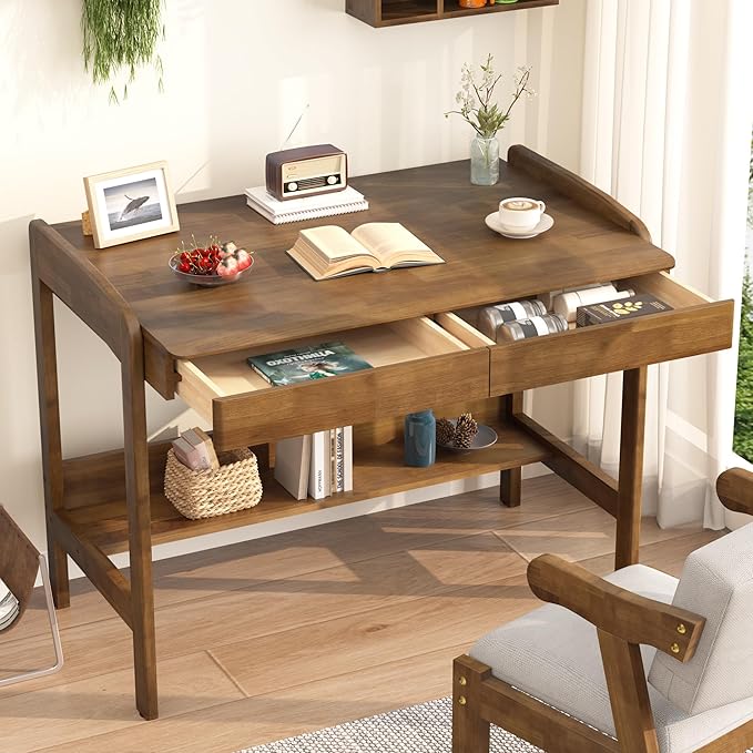 Solid Wooden Desk with Drawers &amp Shelf - 40 x 24 Inch Vintage Writing Desk with Drawers Mid Century Modern Desks Adjustable Height Study Table Home Office Computer Desks for Any Room