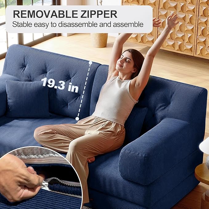 5-in-1 Folding Convertible Sofa Bed Loveseat Sleeper with Pull-Out Bed Floor Sofa Modular Futon Couch 79 Oversized Corduroy Upholstered Boneless Couch for Living Room Bedroom Lounge Blue-C