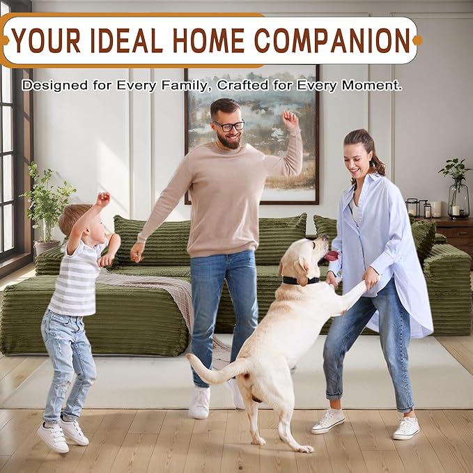110 L-Shaped Modular Sectional Sofa with Chaise Boneless Comfy Corduroy Fluffy Couch with Deep Seat and Side Pockets Flexible Module Combination for Living Room No Assembly Side Pockets