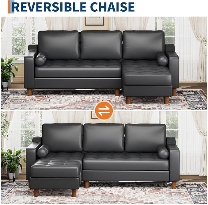 GarveeHome 88.9 L-Shape Couch with Convertible Chaise Sectional Sofa with Deep Seat Modern Mid-Century Leather Sofa for Living Room 3 Seat Comfy Leather Couch Black